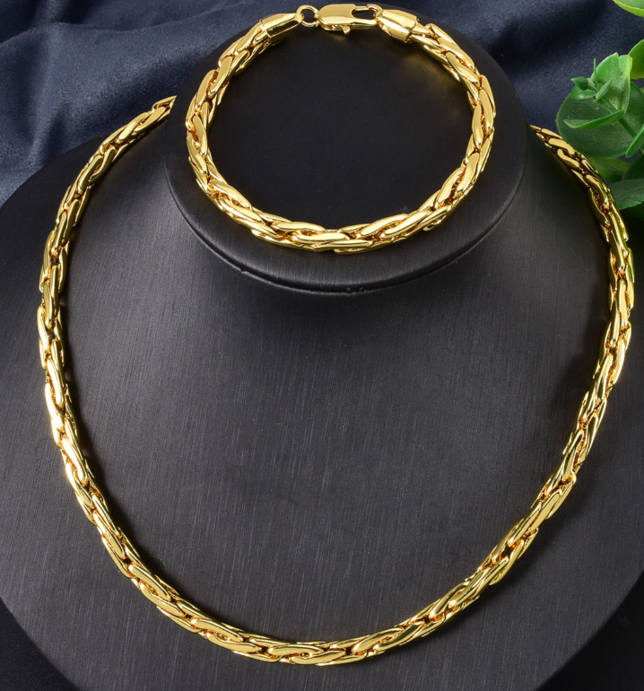 Hip-Hop Style 18K Gold-Plated Bracelet and Necklace — A Unisex, Street-Style Gift for Men and Women.