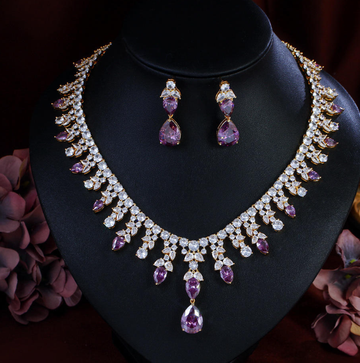 "Blooming Splendor" Light Luxury Women's Necklace & Earrings Set — Brass Inlaid with Zircon, Floral Design — Niche Luxury Boutique Piece