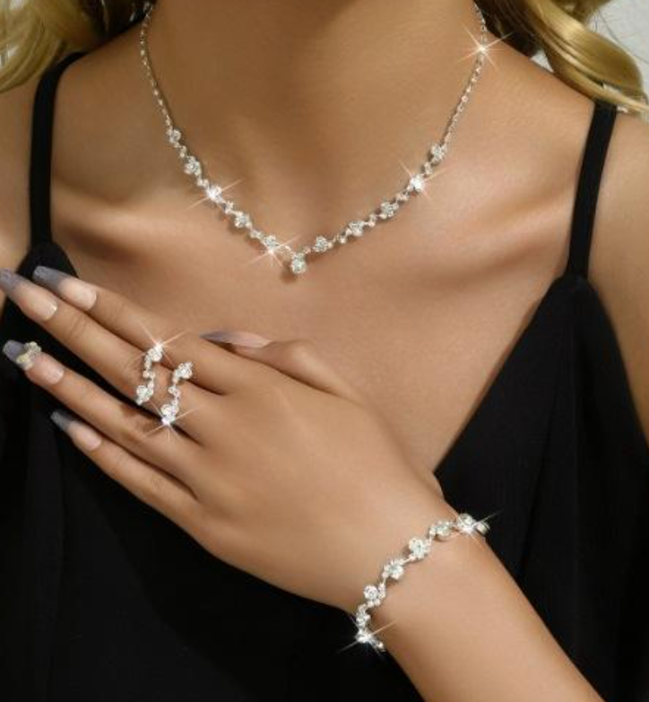 3-in-1 Elegant Set: A three-piece ensemble featuring a necklace, earrings, and bracelet—perfect for both everyday wear and special occasions, such as weddings and parties.