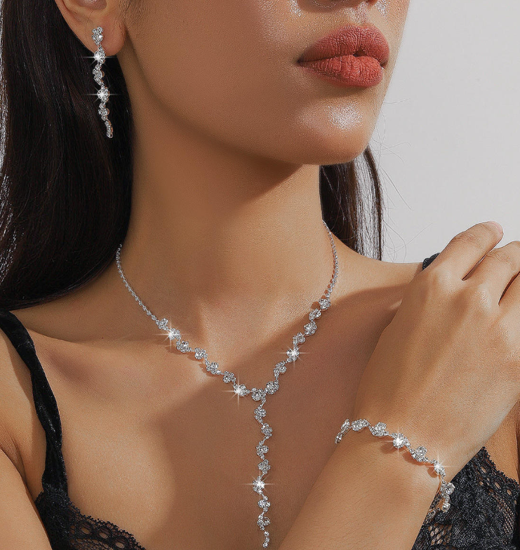 3-in-1 Elegant Set: A three-piece ensemble featuring a necklace, earrings, and bracelet—perfect for both everyday wear and special occasions, such as weddings and parties.