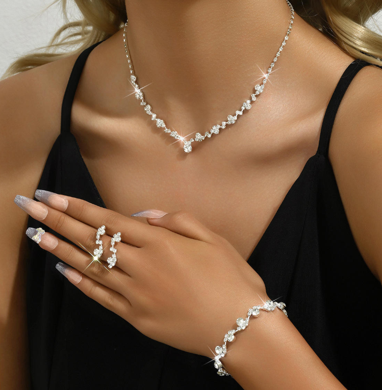 3-in-1 Elegant Set: A three-piece ensemble featuring a necklace, earrings, and bracelet—perfect for both everyday wear and special occasions, such as weddings and parties.