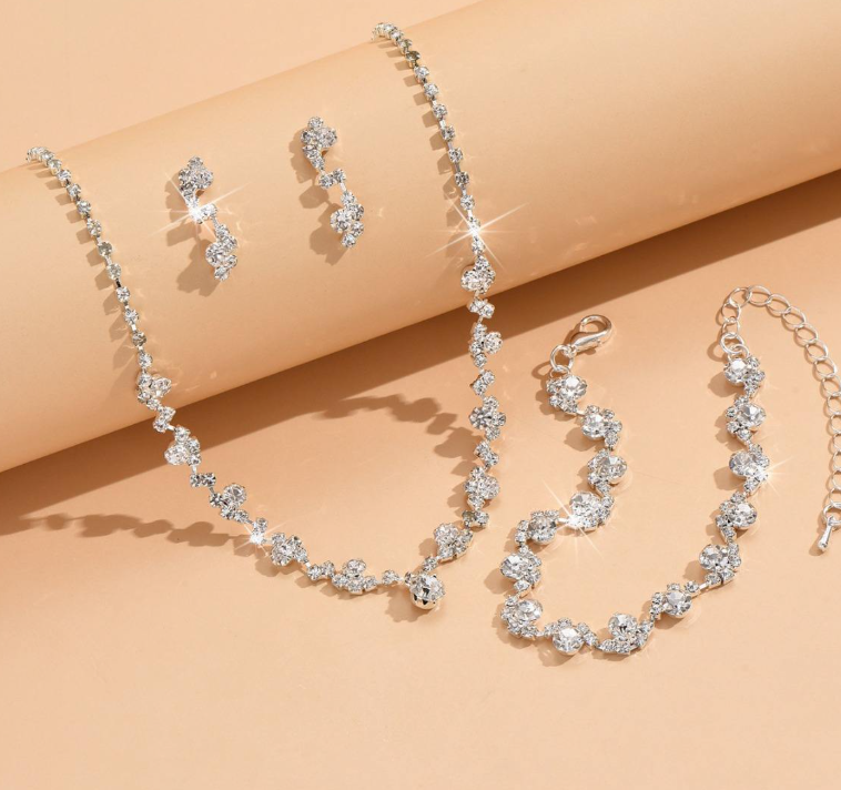 3-in-1 Elegant Set: A three-piece ensemble featuring a necklace, earrings, and bracelet—perfect for both everyday wear and special occasions, such as weddings and parties.