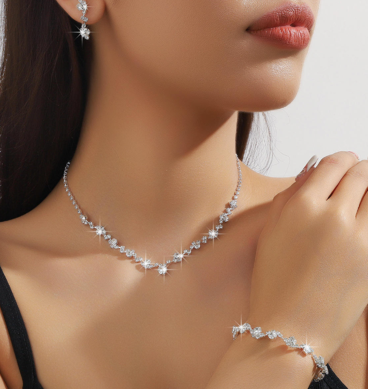 3-in-1 Elegant Set: A three-piece ensemble featuring a necklace, earrings, and bracelet—perfect for both everyday wear and special occasions, such as weddings and parties.