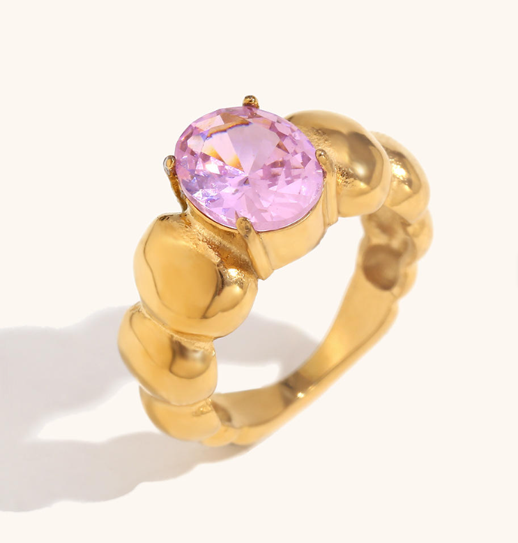 Colorful Cubic Zirconia Ring | 18K Gold-Plated Beaded Jewelry | Stainless Steel Jewelry