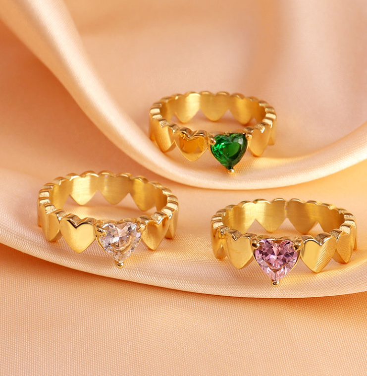 Colorful Cubic Zirconia Ring | 18K Gold-Plated Beaded Jewelry | Stainless Steel Jewelry