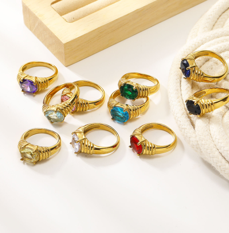 Colorful Cubic Zirconia Ring | 18K Gold-Plated Beaded Jewelry | Stainless Steel Jewelry