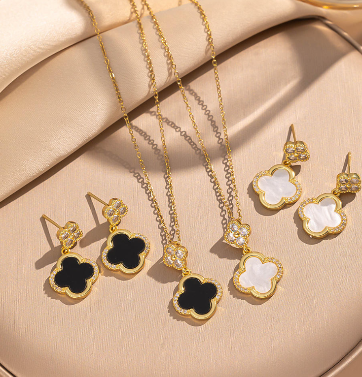 Light Luxury Floral Jewelry Set | 18K Gold-Plated Stainless Steel | Inlaid with Shell and Zircon Flowers