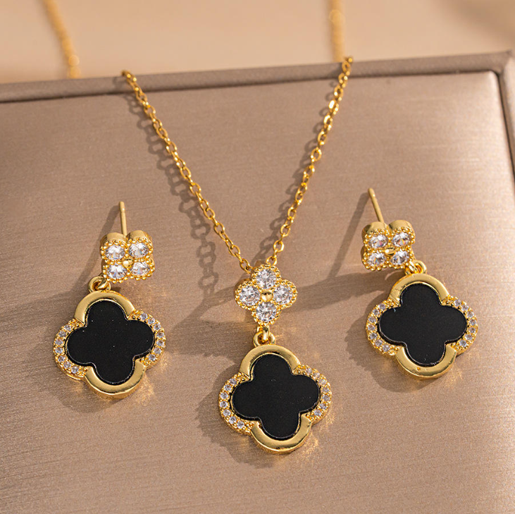 Light Luxury Floral Jewelry Set | 18K Gold-Plated Stainless Steel | Inlaid with Shell and Zircon Flowers