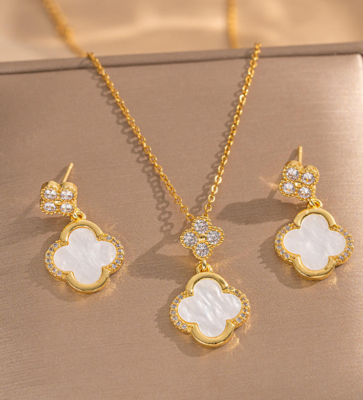 Light Luxury Floral Jewelry Set | 18K Gold-Plated Stainless Steel | Inlaid with Shell and Zircon Flowers